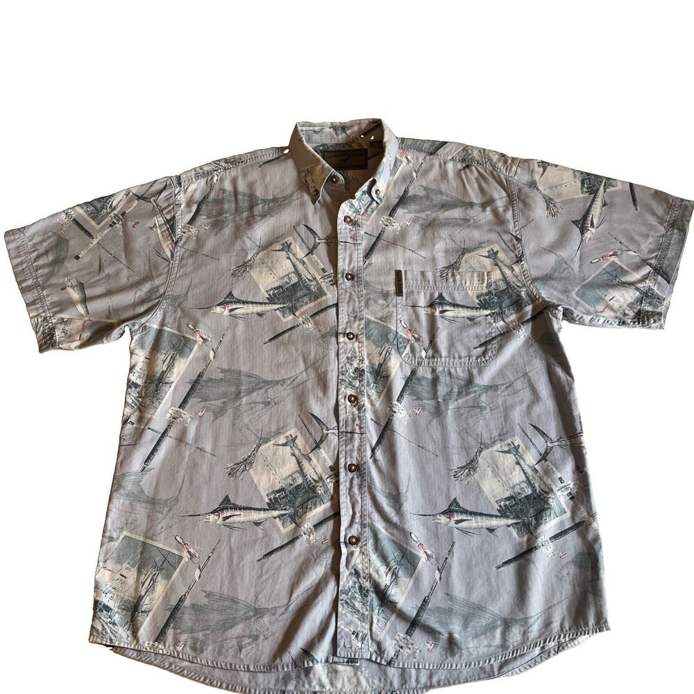 North River Outfitters Shirt Mens M Blue Fly Fishing Trout Print Button Cotton
